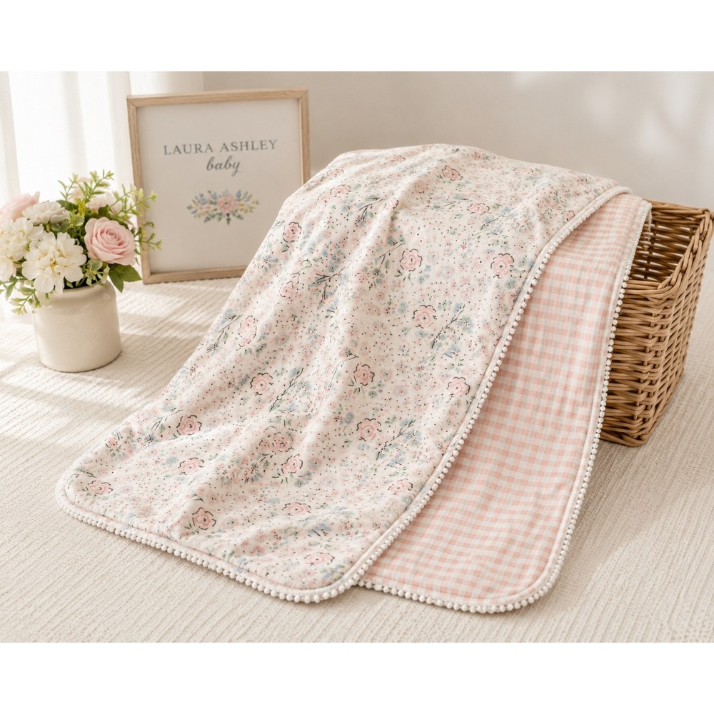 Laura‎ Ashley Baby Blanket Floral Gingham Cottagecore Pink 30x40 Soft